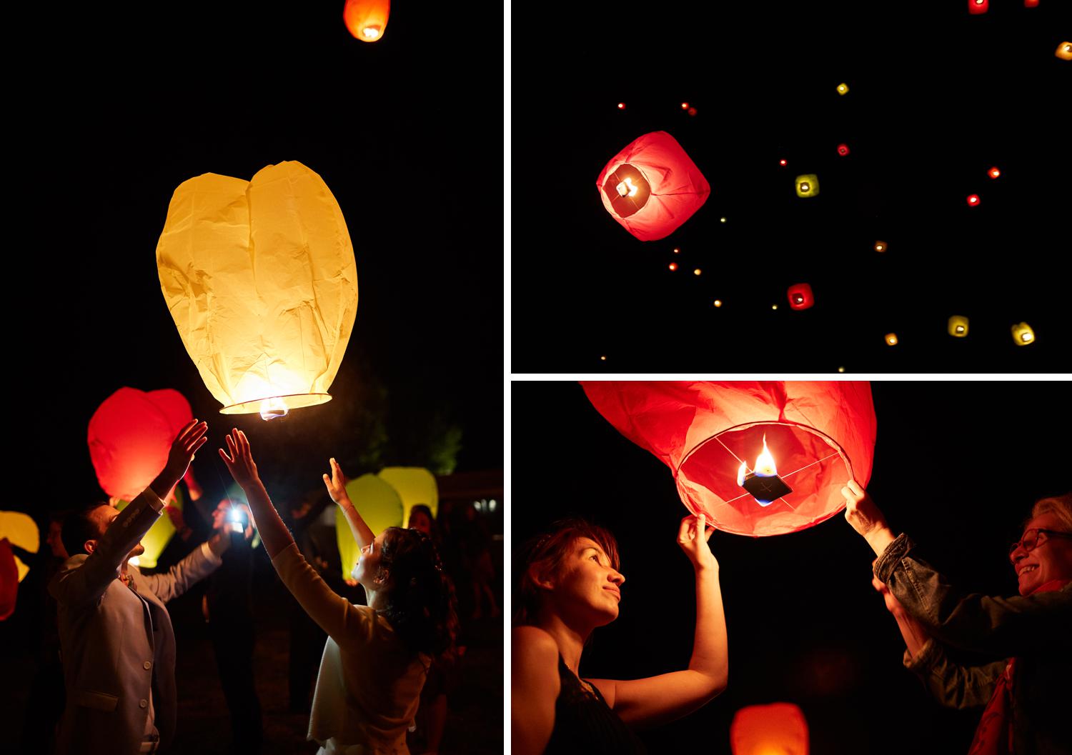 Lâcher de lanternes célestes lors d'un mariage champêtre au Domaine du Moulin des Planches à Montigny-sur-Avre