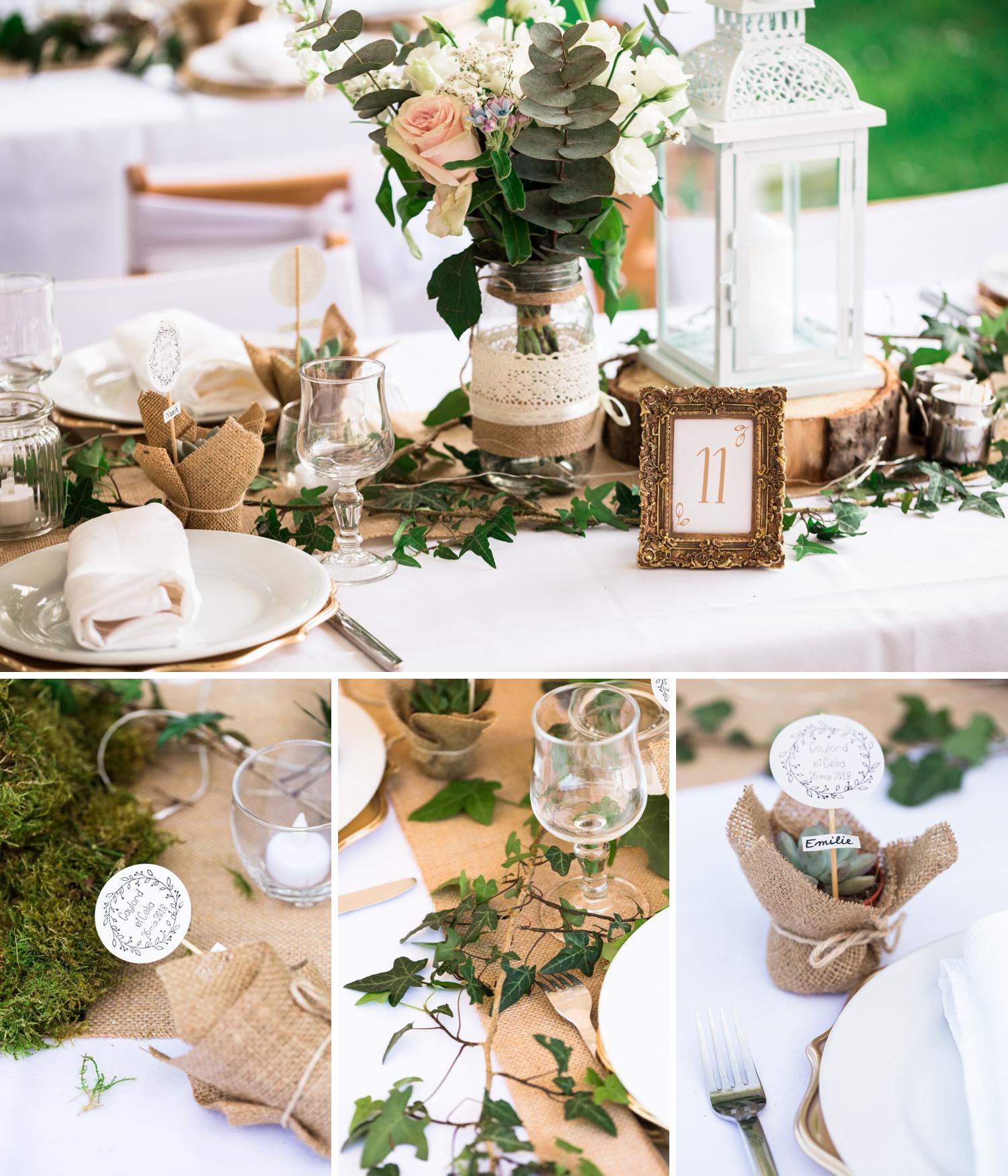 Photos des tables de réception pour un mariage champêtre et féerique