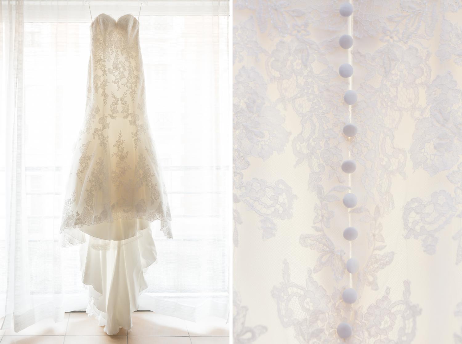 Préparatifs d'un mariage parisien avec détail de la robe de la mariée