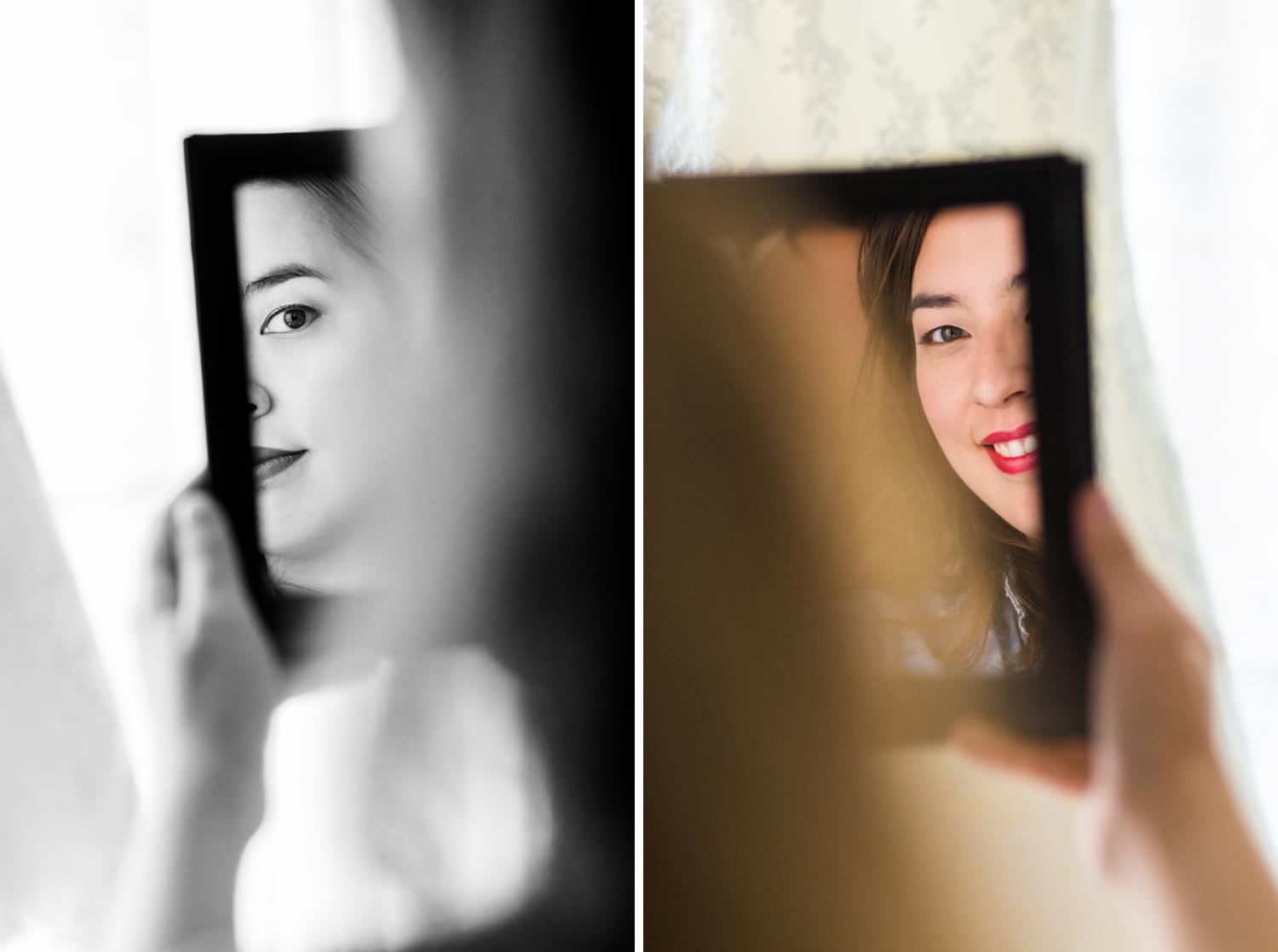 Portrait de la mariée pendant qu'elle se regarde dans un miroir