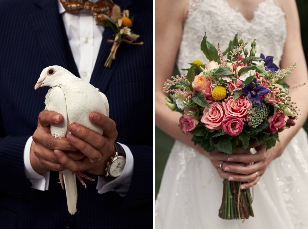 Colombe mariage et bouquet de fleurs de la mariée